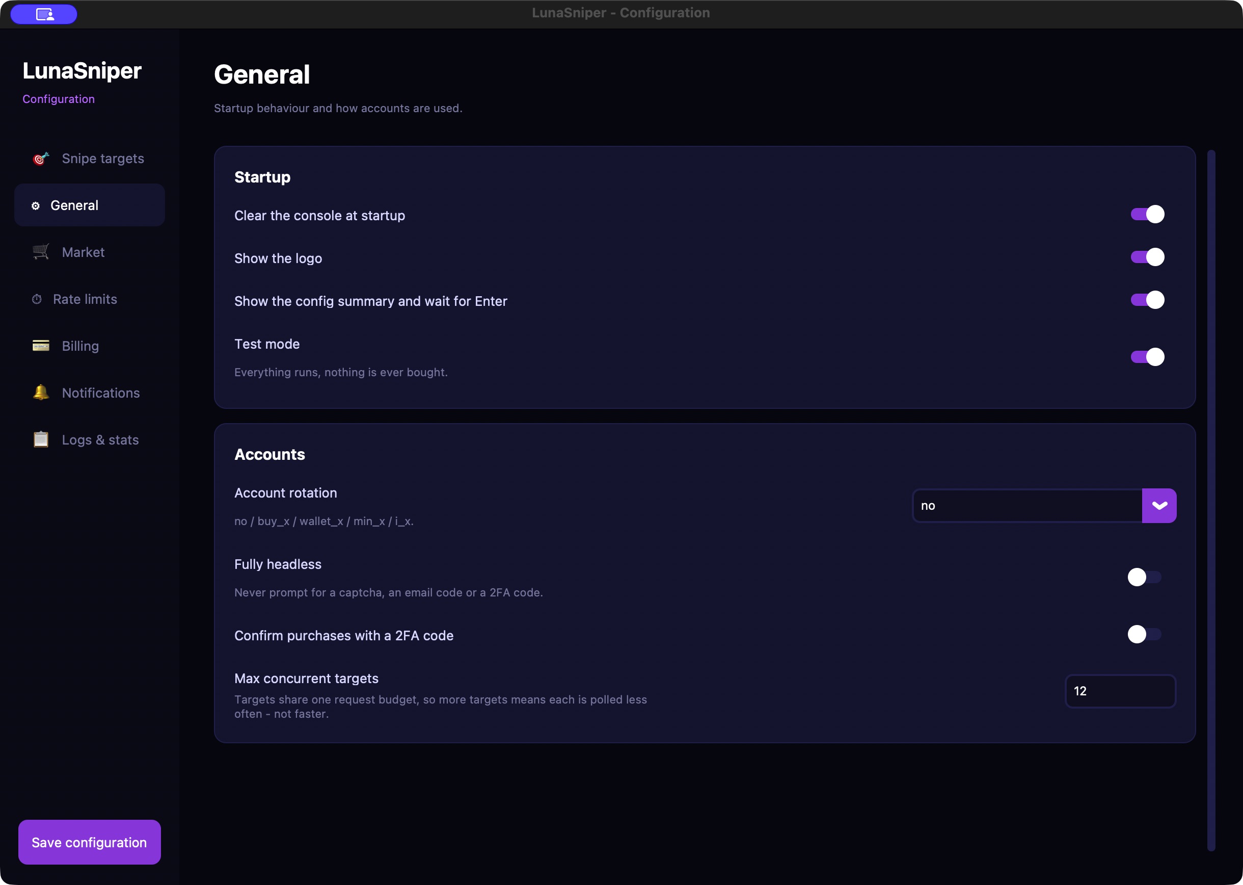 General settings with Test mode enabled