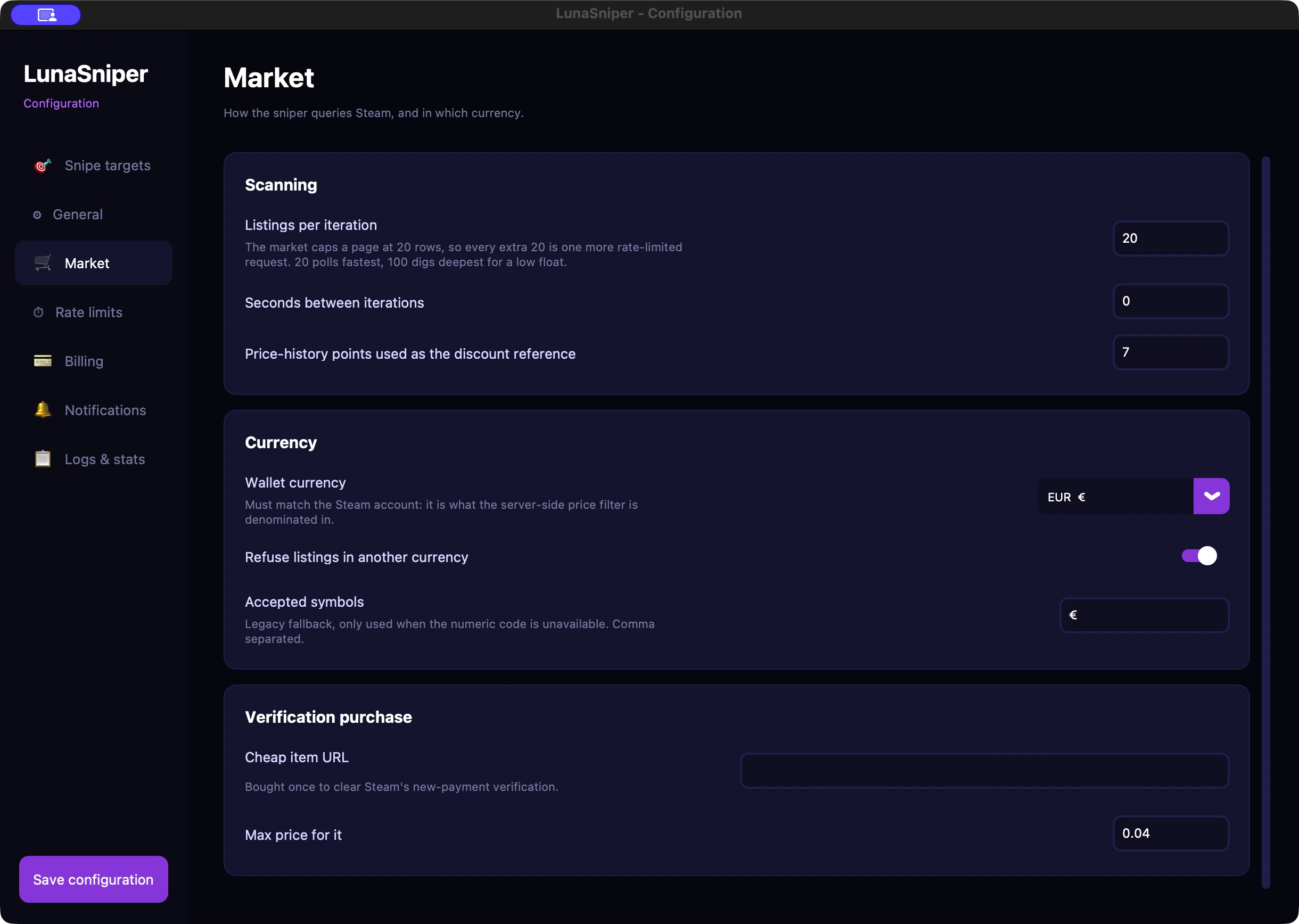 Market settings with wallet currency and an empty Cheap item URL